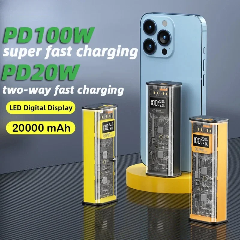 22.5W Transparent Power Bank 20000mAh Quick Charger PD20W Fast Charge Spare Battery Portable for Xiaomi iPhone Samsung Laptop