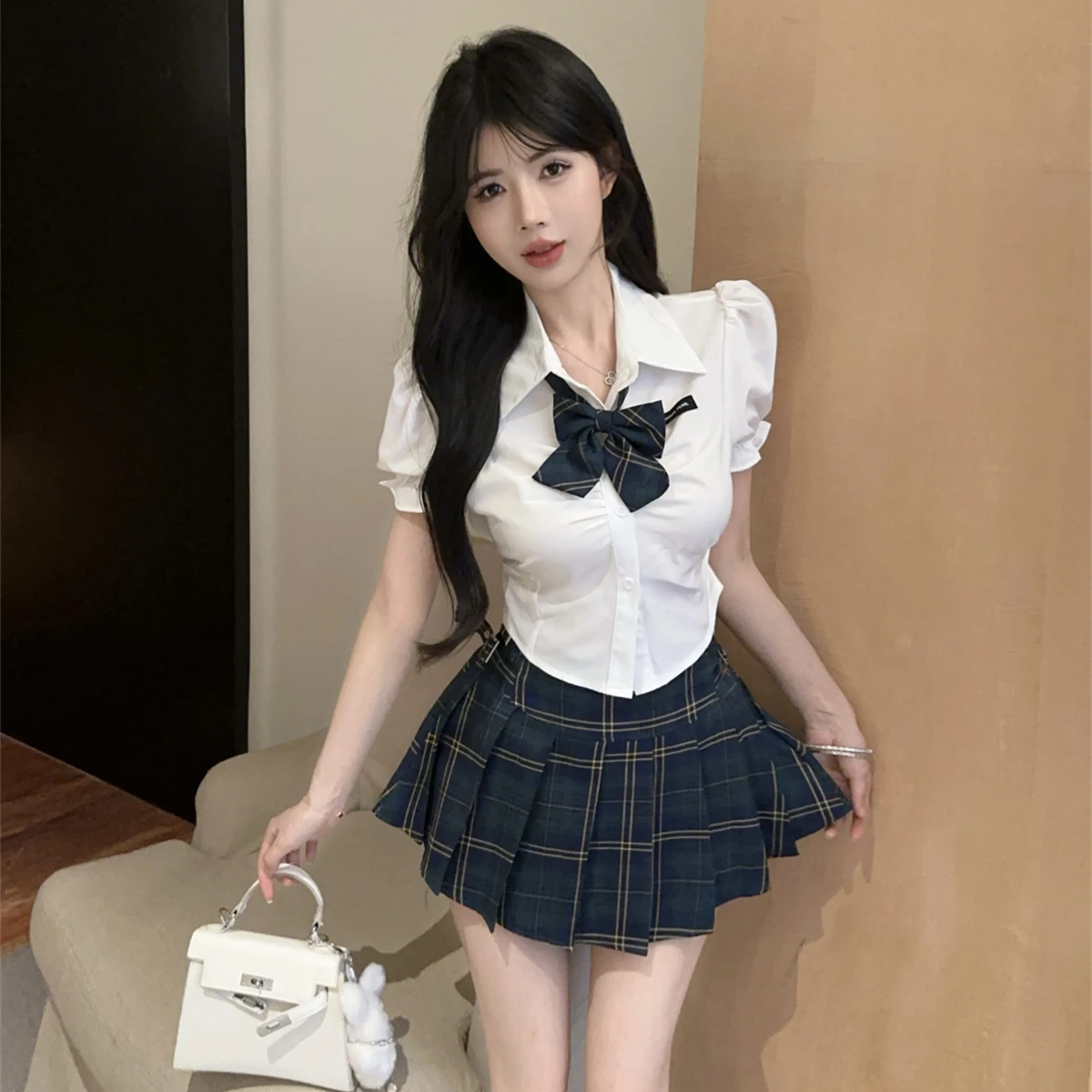 Sweet ort Sve orm Set with Bow Tie Plaid Pleated High Waist Slimming Skirt for Summer College Sle JK Outfit