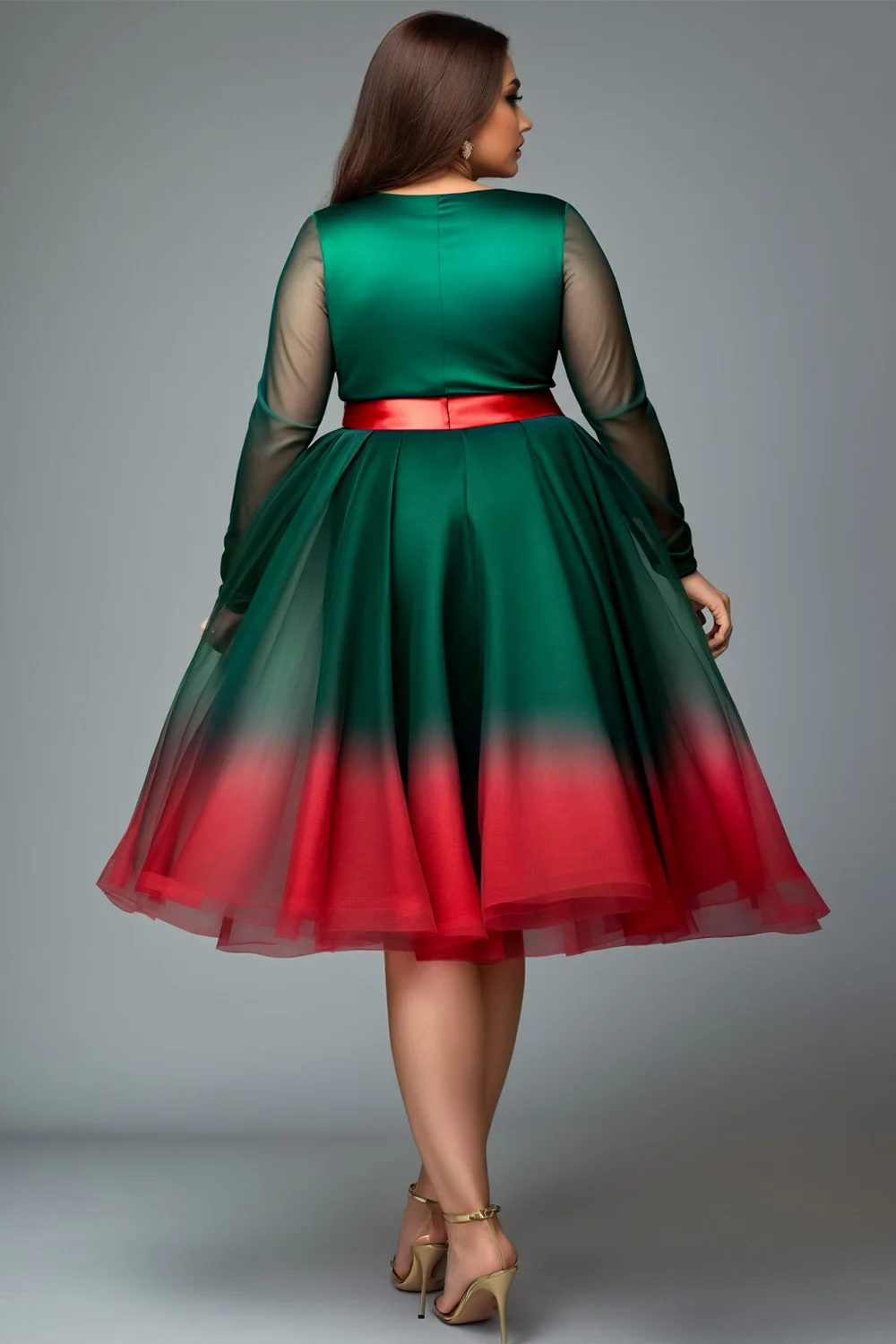 Plus Size Christmas Emerald Green Gradient V Neck Lantern Sleeve Long Sleeve See Through Wrap Tulle Mini Dresses