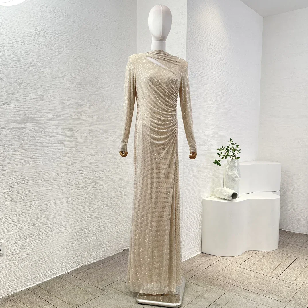 New Collection Elegant 2024 Top Quality Golden Long Sleeve Diamonds Pressed Cut Out Pleats Women Luxury Maxi Dress for Party