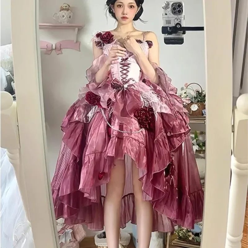 

2025 summer new style lolita evening dress Plum red gradient color flower wedding birthday heavy train pompadour skirt