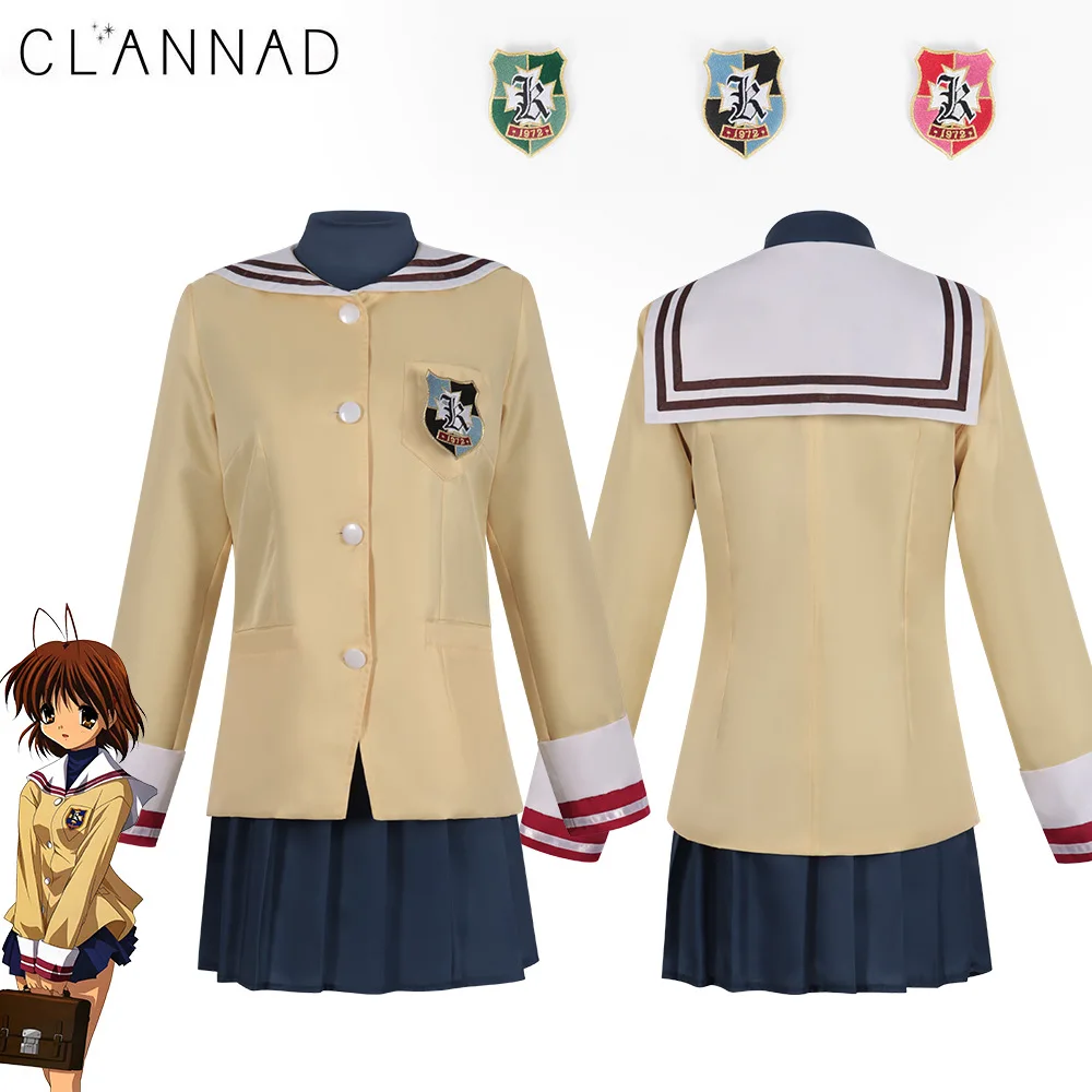 Nagisa Furukawa Clannad Anime Fujibayashi Kyou Sakagami Tomoyo Cosplay Costume Embroidery School Uniform Skirt T-shirt Breastpin