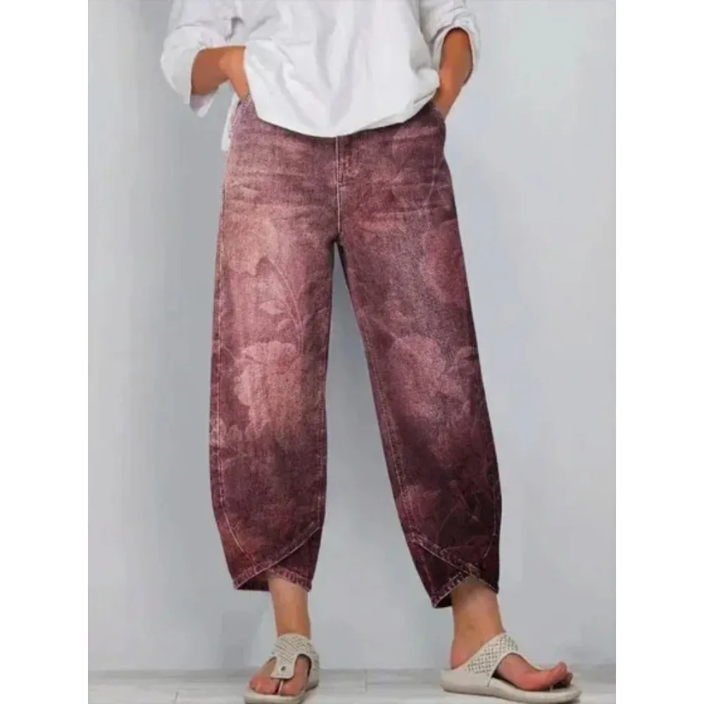 Damen Baumwoll-Caprihose mit Blumenmuster, Lässige Weite Haremshose in Knöchellänge mit Tulpenabschluss, Jogginghose für Tägliche Outdoor-Aktivitäten – Detail 3