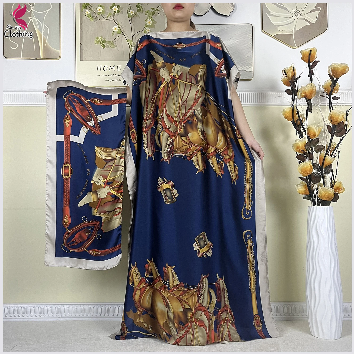 New Style Summer Soft Silk African Women Clothing Dubai Muslim Dashiki Kaftan Fashion Print Design With Scarf Loose Beach Dress