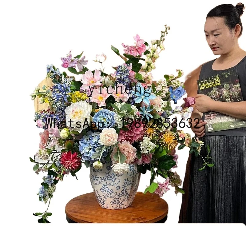 medieval style large floral front desk lobby decoration new Chinese simulation flower