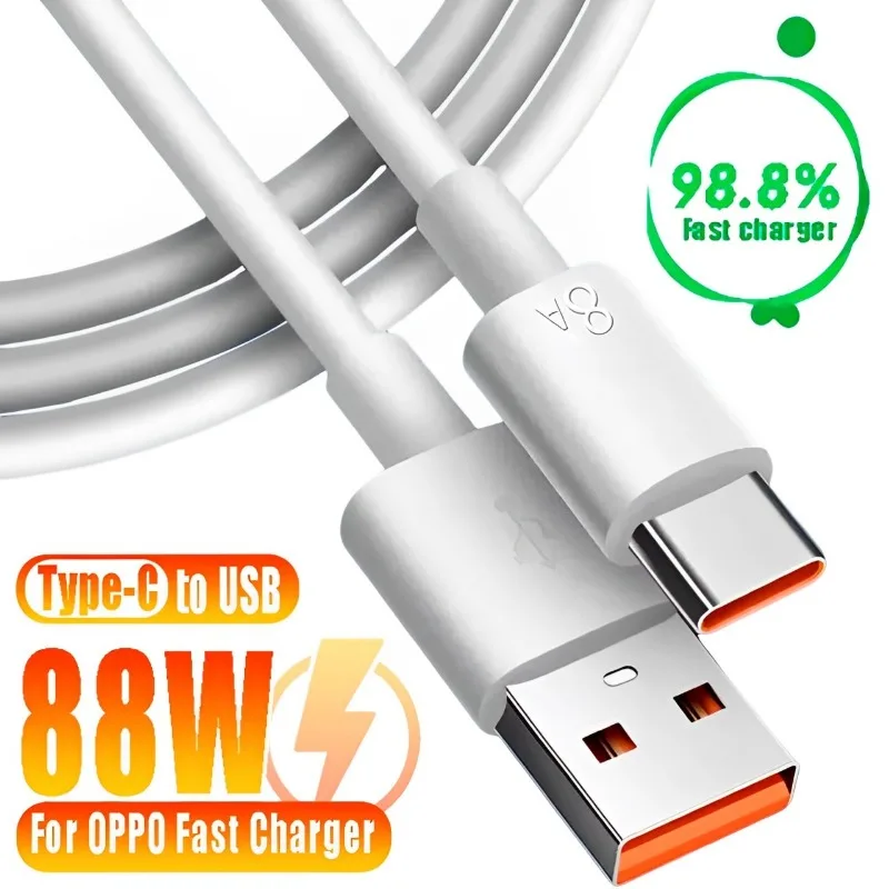 كابلات USB A إلى Type-C 1/1.5/2 متر لـ OPPO Reno10 9 8 Pro 88 واط كابل شاحن سريع USB C 8A سلك شحن سريع لهاتف Xiaomi Huawei