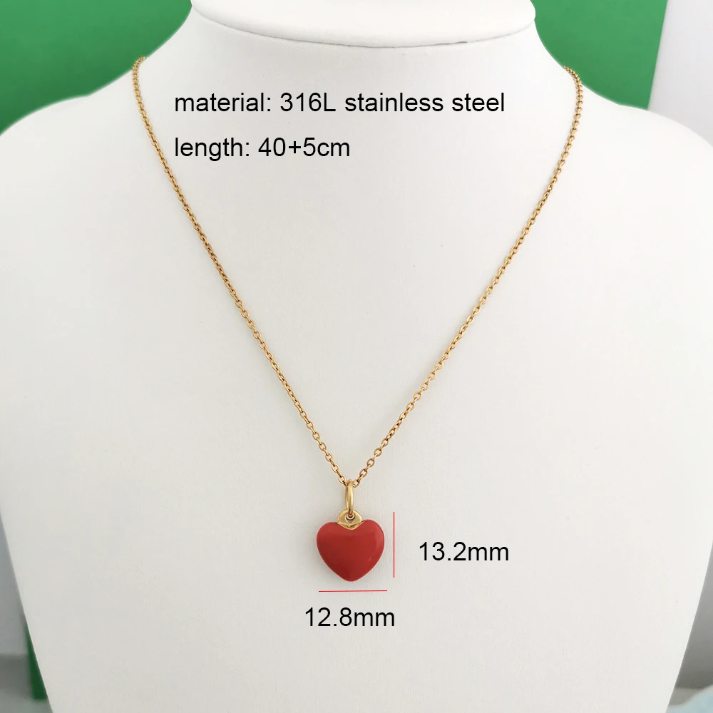 Damen-Anhänger-Halskette aus Edelstahl mit rotem Pfefferkorallenherz, schmaler Choker in Goldfarbe, wasserdicht, elegant, Geschenk, Großhandel – Detail 4