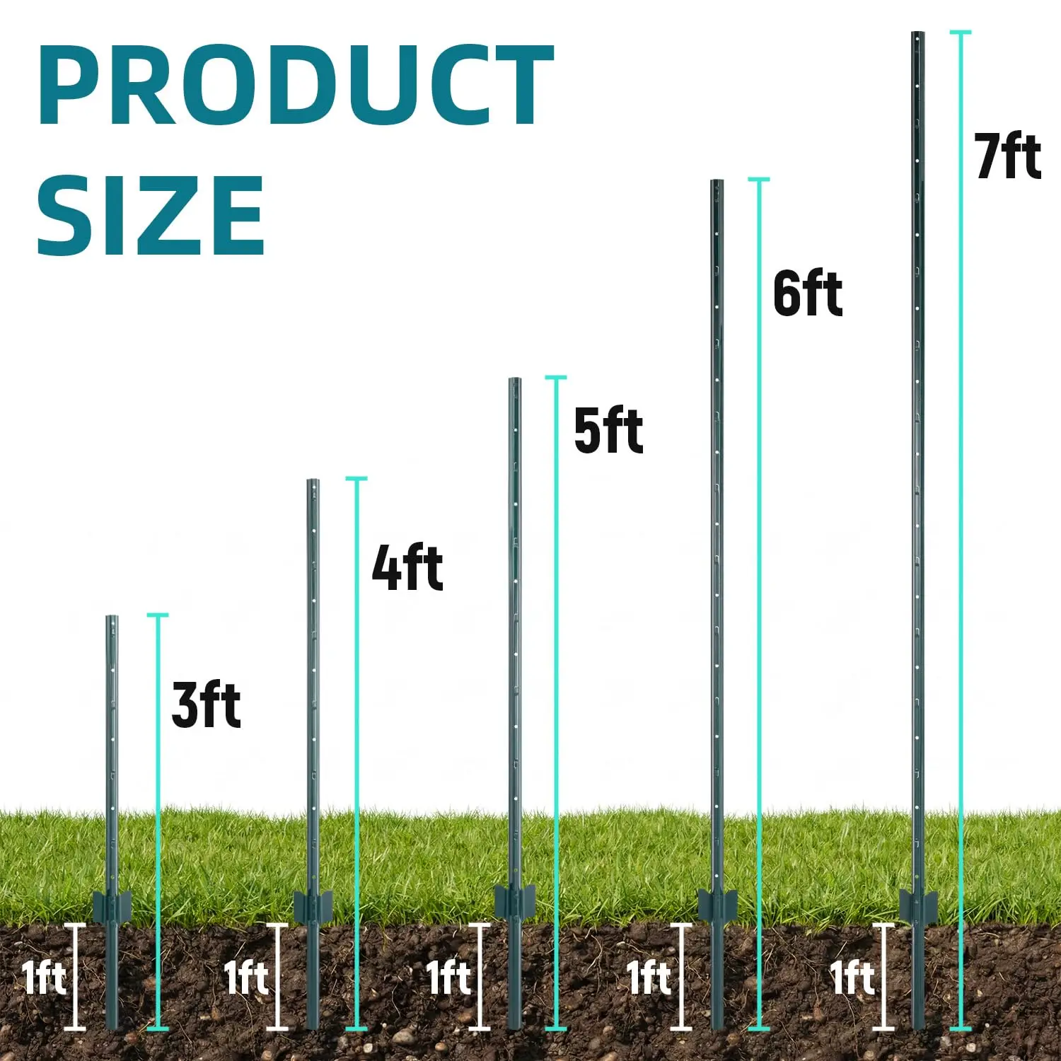 TECSPACE Metal Fence Post, 7 ft Heavy Duty U-Post with Anchor Plate and Adjustable Tabs, Rust-Proof Steel Stakes for