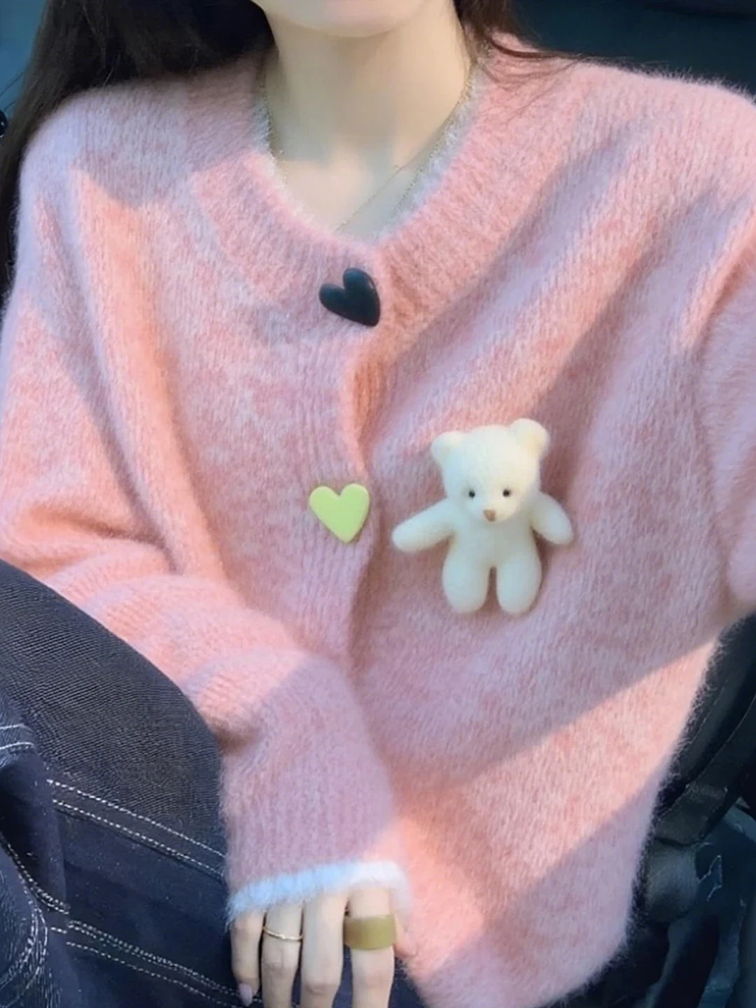 

Розовый вязаный кардиган-пальто с медведем, женский, утепленный, теплый, в стиле Lazy Sle, весенняя новинка, мягкий, корейский, свободного кроя, с длинными рукавами