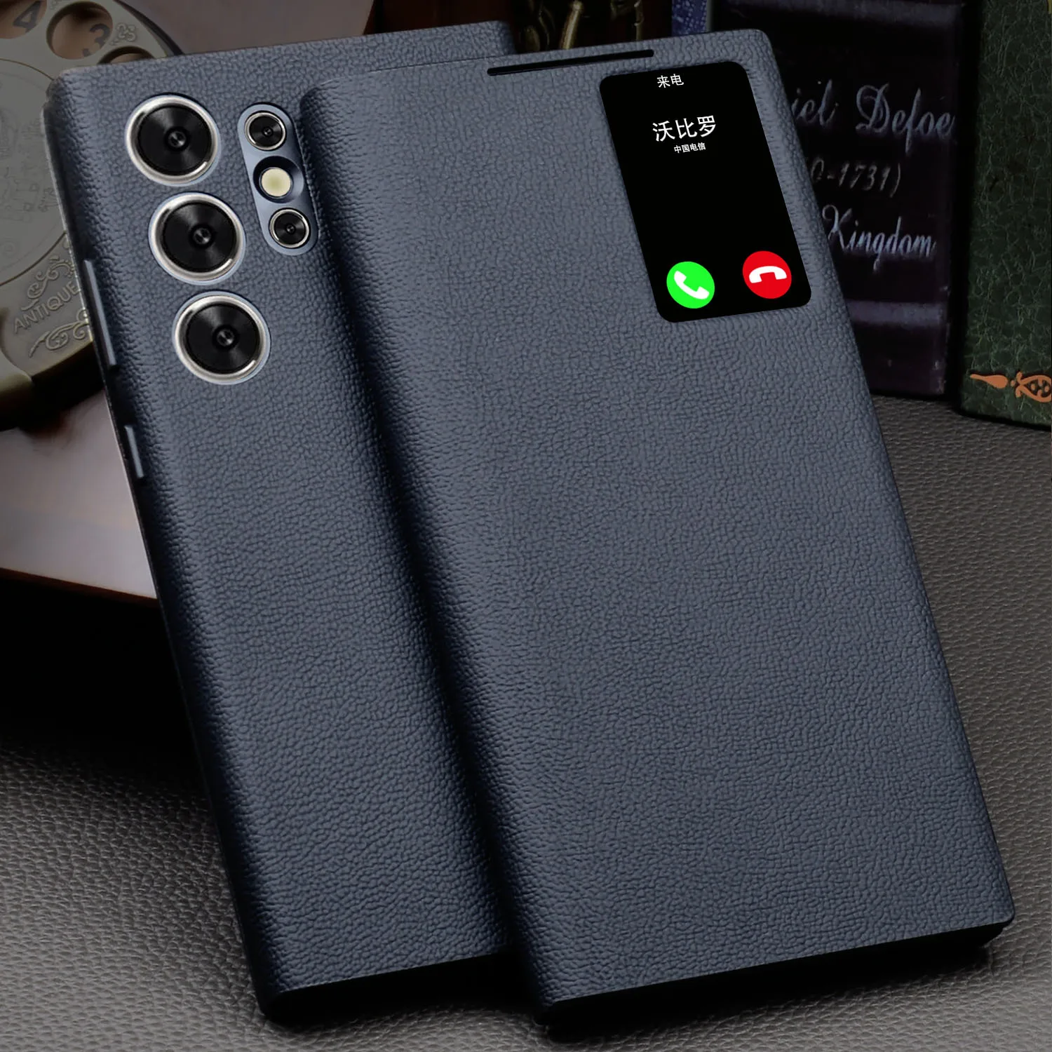 Original Wobiloo Genuine Leather S View Flip Cover For Samsung Galaxy S24 Ultra Plus Crocodile Texture Window Display Smart Case