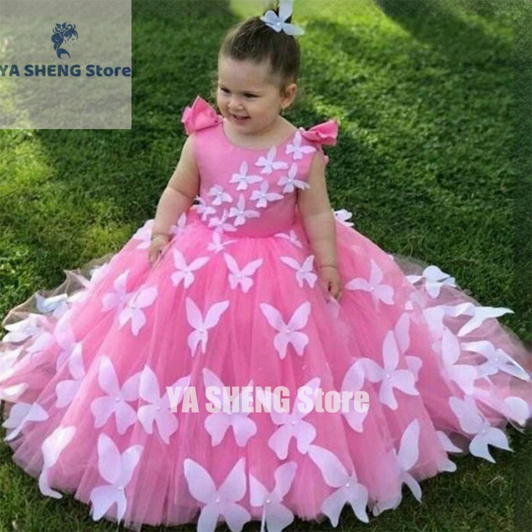 

Hot Pink Flower Girl Dresses Jewel Hand Made Butterfly Ball Princess Flowergirl Gowns for Little Kids First Birthday Party Gown