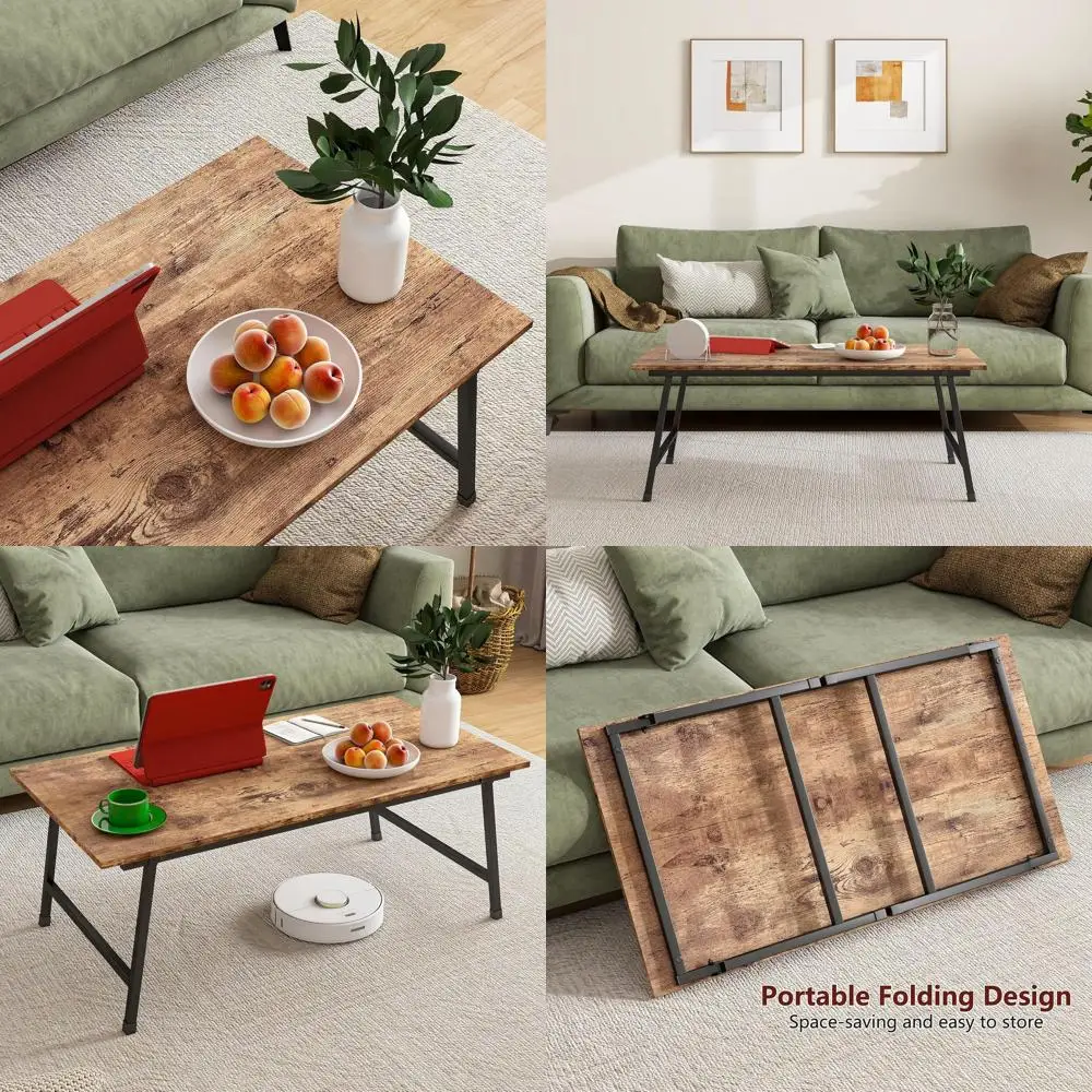 

Folding Modern Rectangular Coffee Table with Industrial Wood Top and Metal Legs, Rustic Brown, Suitable for Home Office and Livi