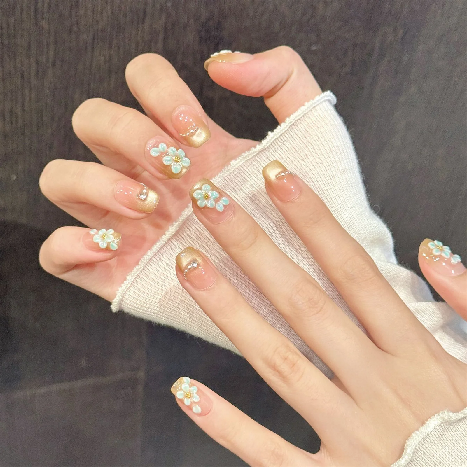 Handmade Fake Nails 10pcs Wearable Artificial Nails Pink Gold Gradient False Nails Green Glaze Flowers Designs Press On Nails