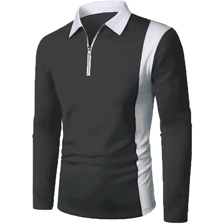 New Men\'s Polo Shirt Man Lapel Long Sleeve Patchwork Color Design T Shirt