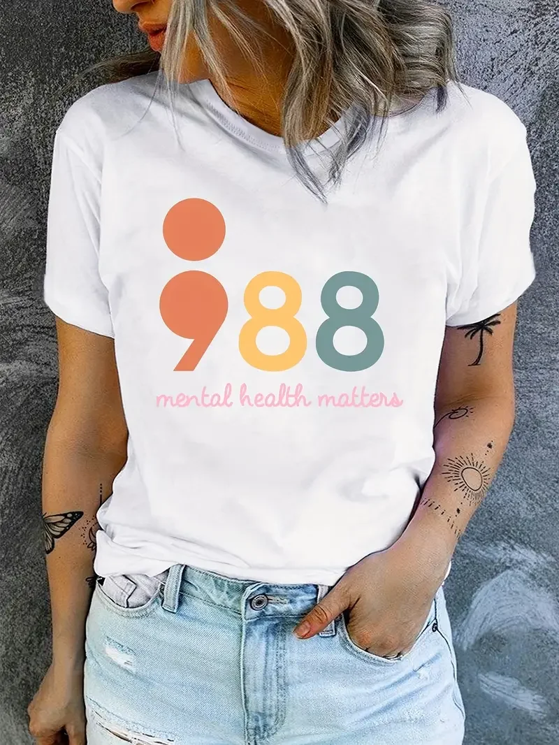 Original design Mental Health 988 Graphic Funny T-Shirt Women Summer Fashion Harajuku Casual Round Neck Short sleeve