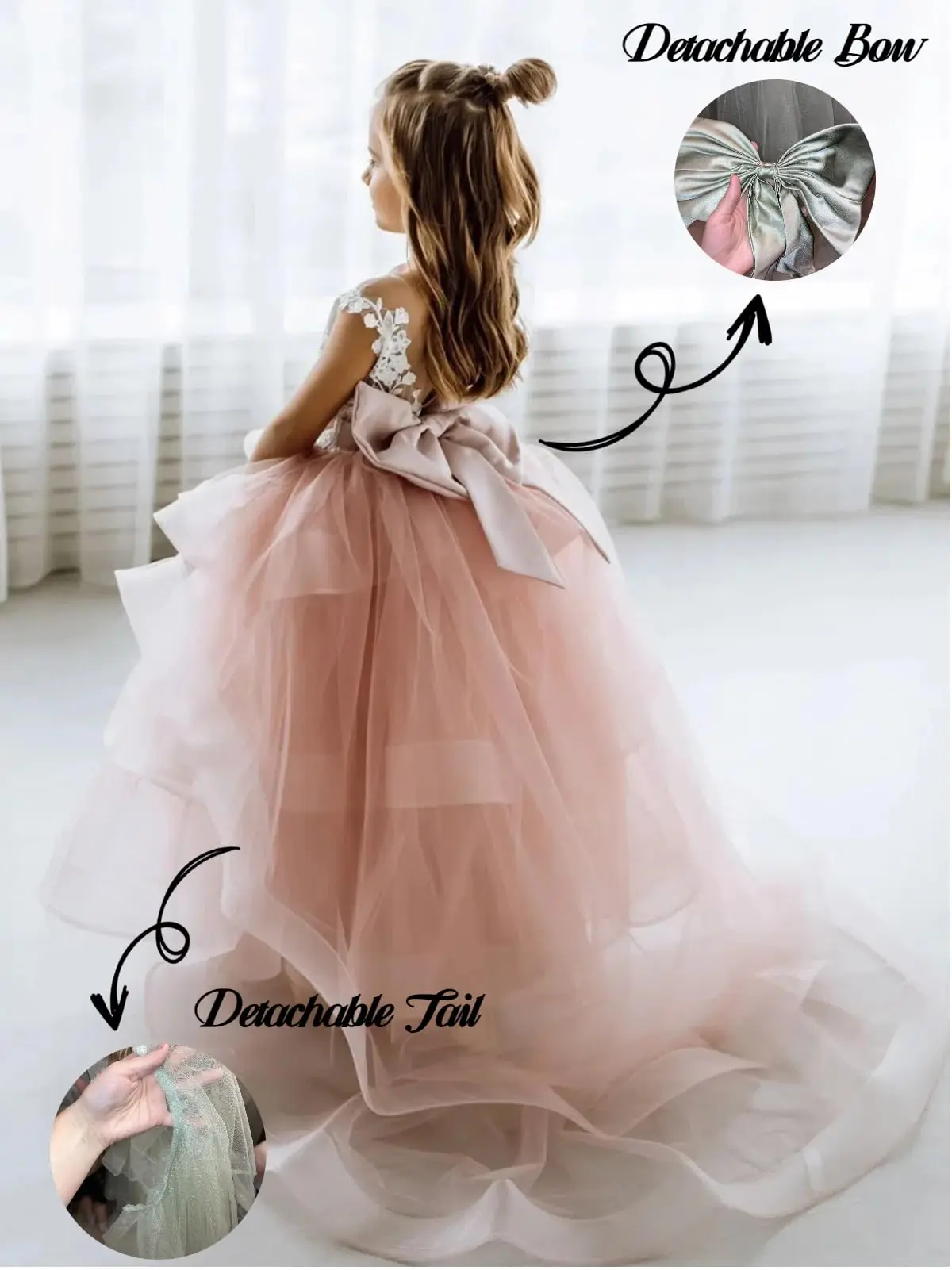 Vestido de niña de flores para boda, fiesta escalonada, vestido de desfile para niñas, apliques de encaje, tren, desfile de princesa, largo hasta el suelo, hinchado