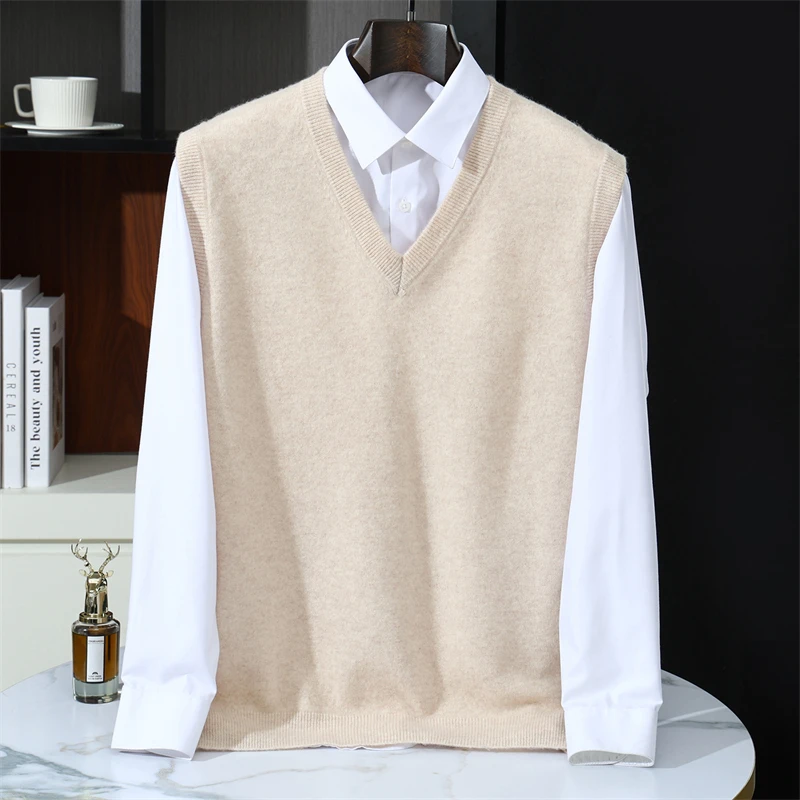 

Осень/зима, мужской пуловер из 100% кашемира, жилет, деловой повседневный однотонный вязаный свитер без рукавов, свободные топы с v-образным вырезом, теплые базовые