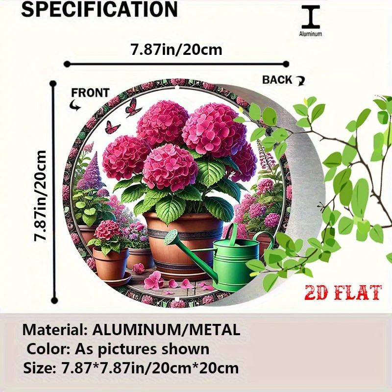 2D Plano, 1 Pieza Hermoso Jardín Redondo de Aluminio 7.87X7.87, Letrero Redondo con Flores Rosas, Armonía Natural en Metal - Art