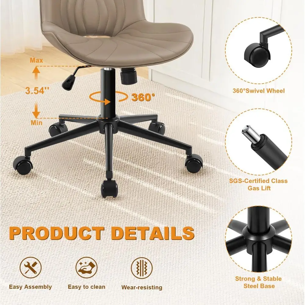 Ergonomic Height-Adjustable Swivel Desk Chair with Wheels, Comfy Padded Home Office Computer Chair, Khaki view 4