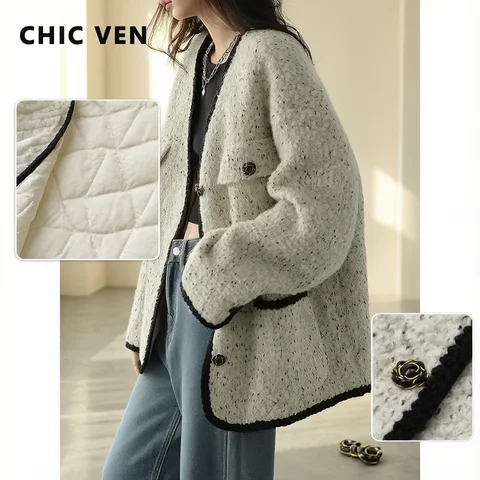 Women's Jacket Down CHIC VEN Women's Woolen Coat Heavy Industry Down Jacket Vintage V-Neck Woman Down Coat Female Tops Autumn Winter 2024
