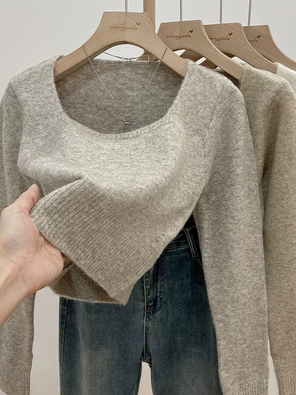 Soft ort Svel Sweater Women's Autumn Winter New Sle Long Sve Square Collar Inner Wear Knitted Top Base irt