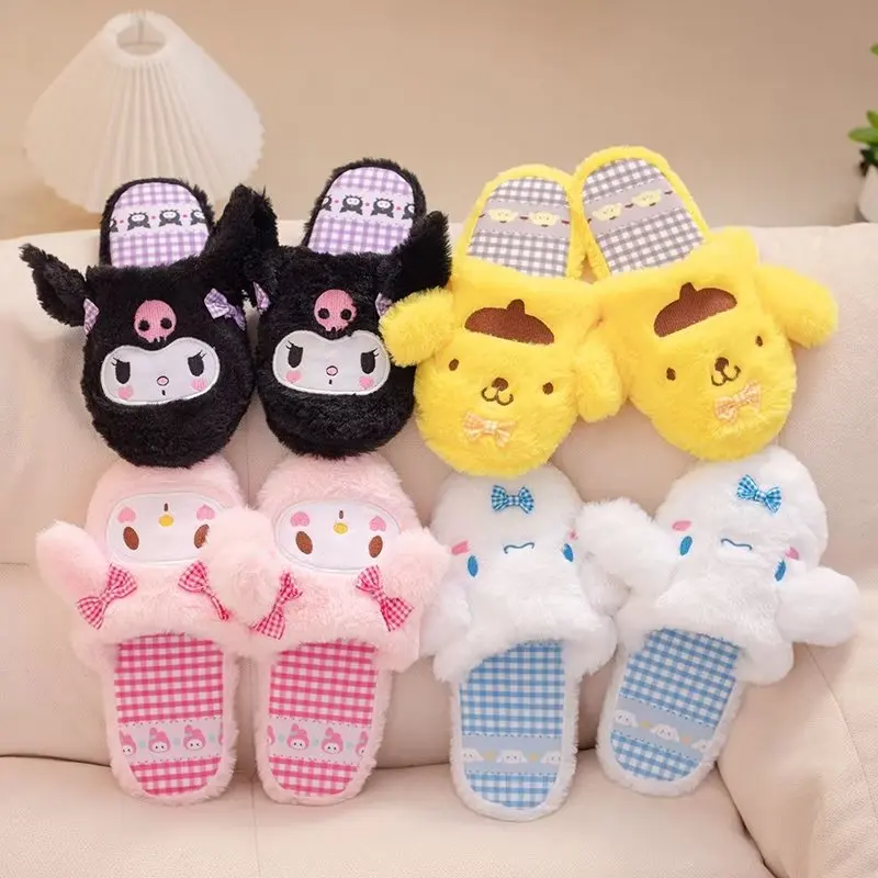 

Lovely Warm Indoor Shoes Cute Kuromi My Melody Cinnamoroll Slippers Lolita Home Cotton Shoes For Girl Lady Winter Non-slip