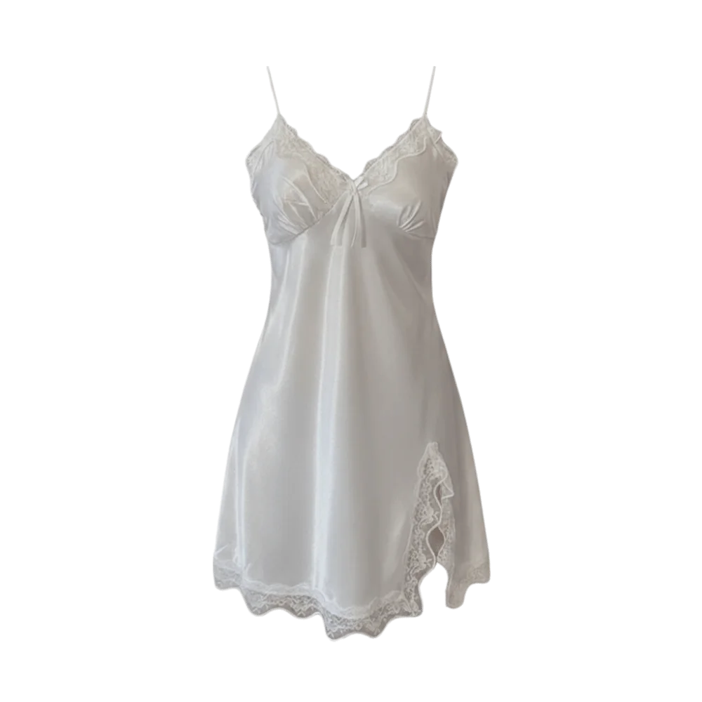 Temperament Female Sleepwear V-neck Nightgown Slit Soft Satin Sleepwear Ice Silk Lingerie Dresses Suspenders Nightdress Sleep