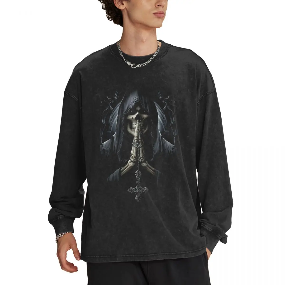 Skull Vintage Oversized T Shirts for Men Cotton Crew Neck Sweatshirt Acid Wash Long Sleeve Tee Shirts Top Graphic Designed