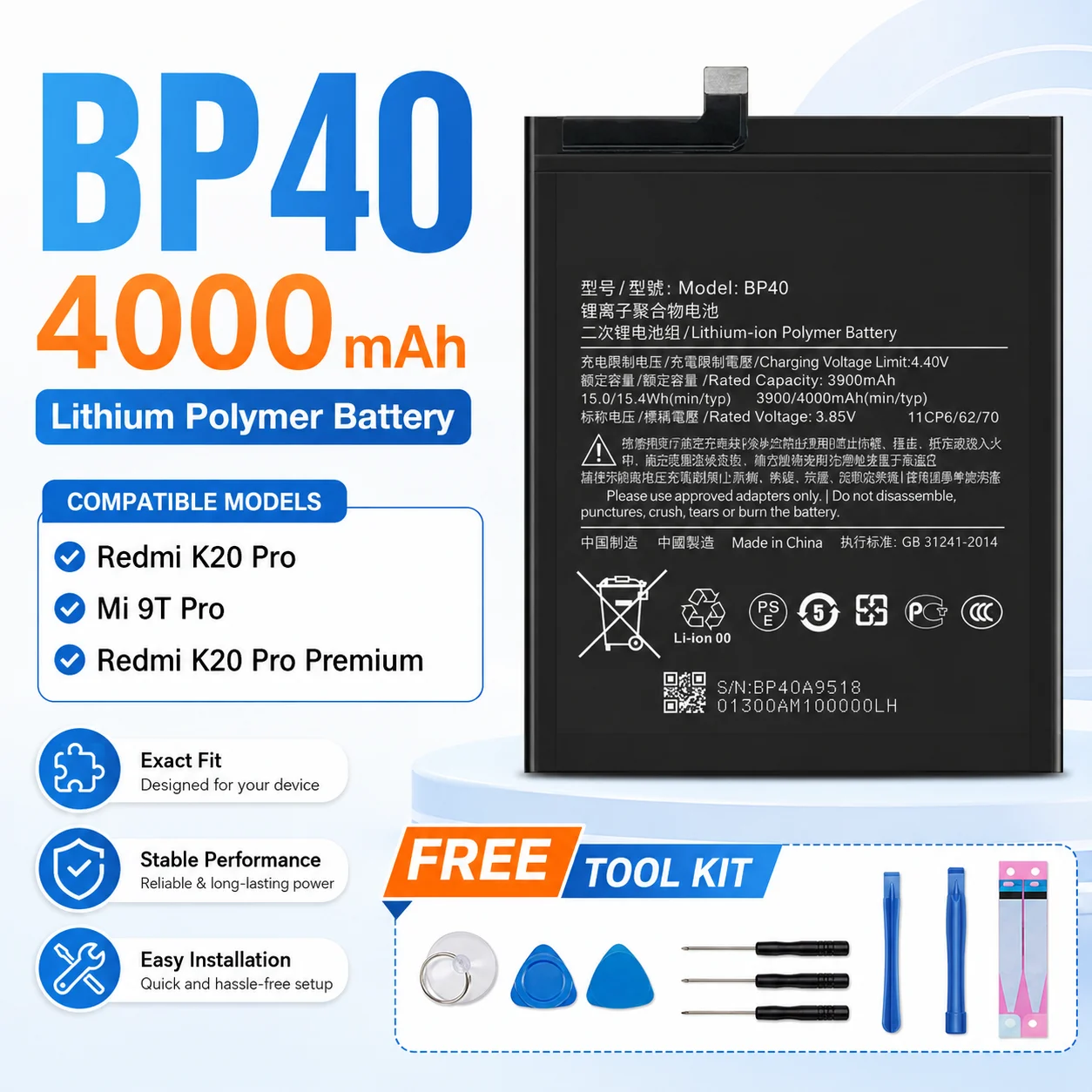 High Capacity BP40 Phone Battery 4000mAh For Xiaomi Redmi K20 Pro Mi 9T Pro With Installation Tools Kit