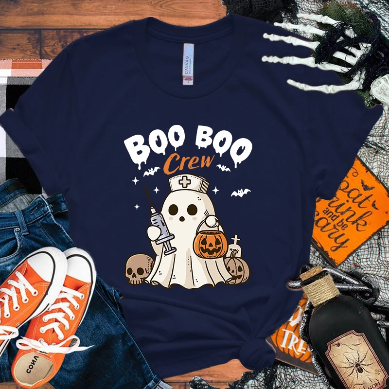 Halloween Boo Crew Letter Printed Women T-Shirts Halloween Boo Crew Short Sleeve Shirts Summer Round Neck Tee Shirt