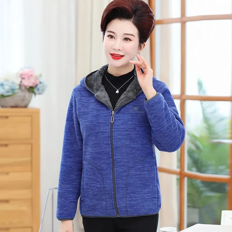 

Middle-aged mother polar fleece hooded coat Women 2026Autumn winter new coat female plus velvet Outwear Large Size Overwear Top