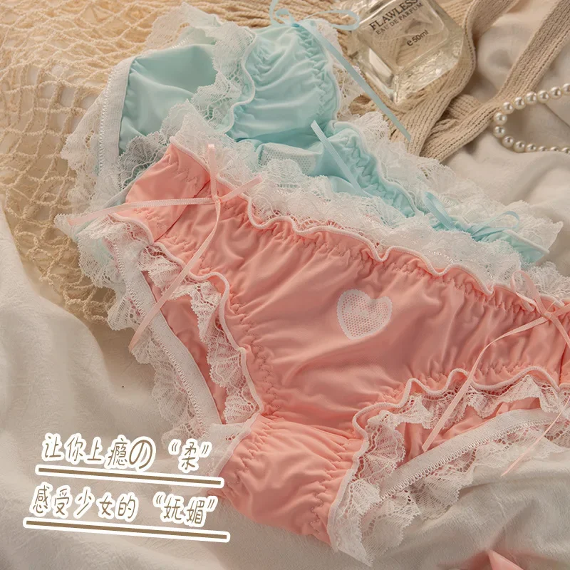 Cute Lolita Lace Panties Girl Underwear Love Sweet Bow Sexy Cool Cotton Crotch Briefs New Solid Color Underpants Loli Lingerie