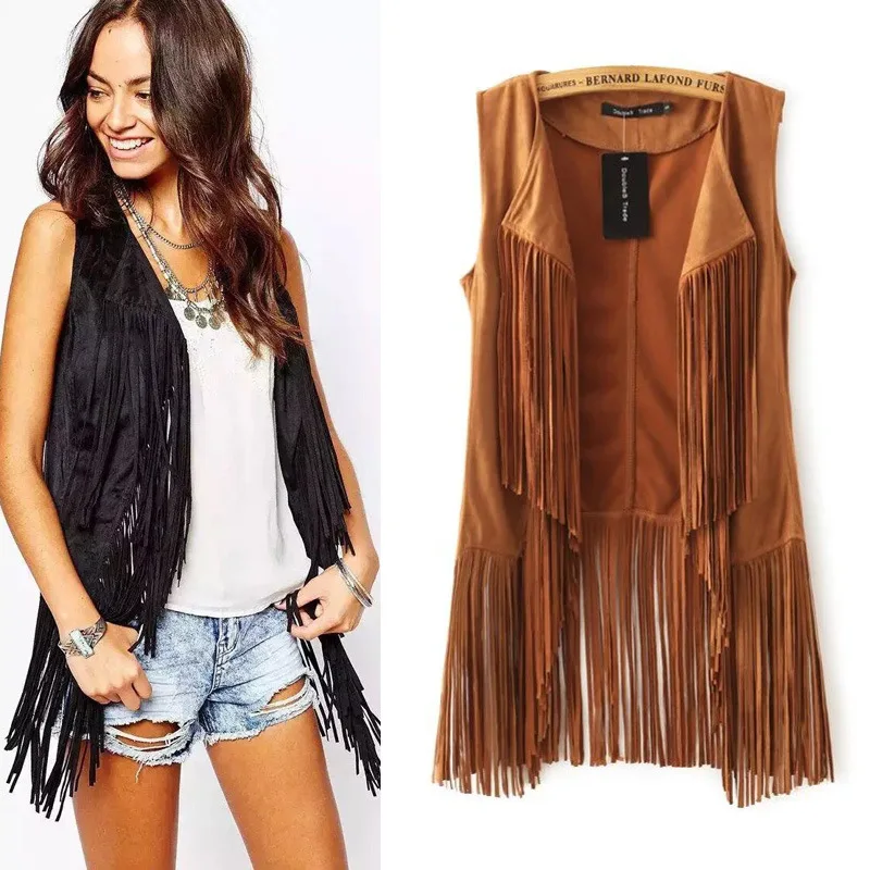 Large Size Tassel Coat For Women Deerskin Velvet Buttonless Mid-length Vest Spring Summer Lady Elegant Cardigan vestido feminino