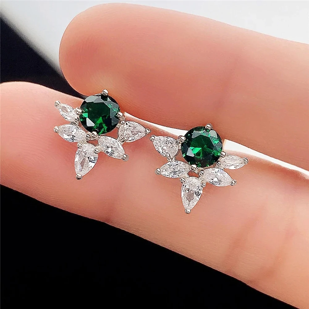 Huitan Chic Green Cubic Zirconia Stud Earrings for Women Daily Wear Modern Fashion Lady’s Accessories Fancy Gift Luxury Jewelry