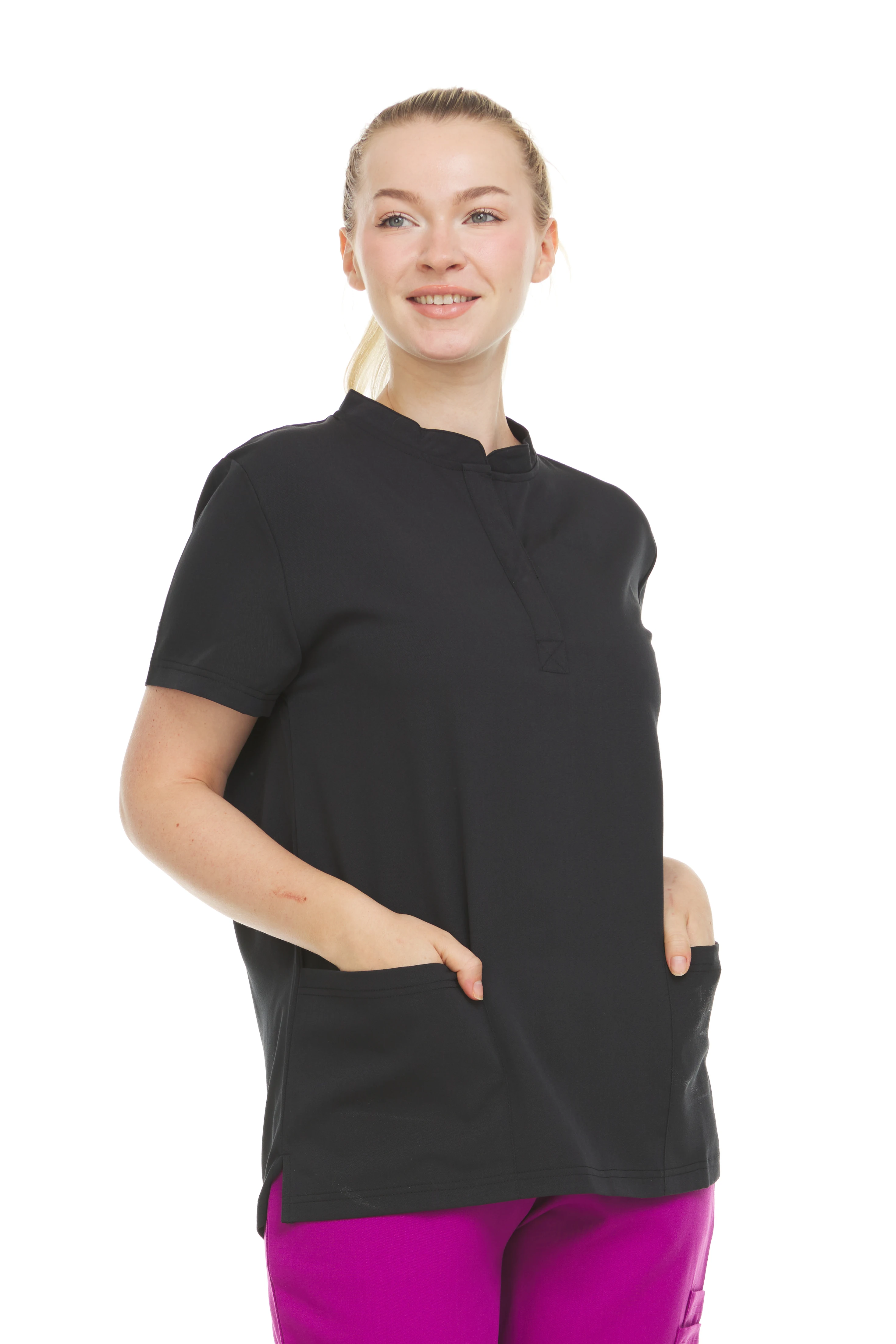 شفاء + ارتداء-المرأة فتحة رقبة V قصيرة الأكمام أعلى مع جيوب ، مما يجعلها جزءا موثوقا وأساسي من ملابس العمل الخاصة بك ، الكلاسيكية