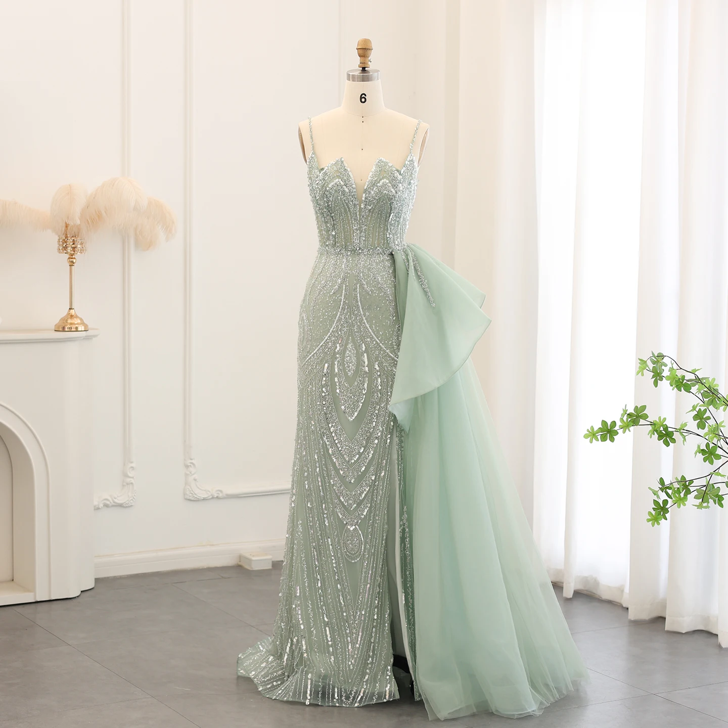 

Sharon Said Straps Sage Green Mermaid Evening Dress with Overskirt Side Slit Dubai Women Wedding Party Gown SS039 Customized