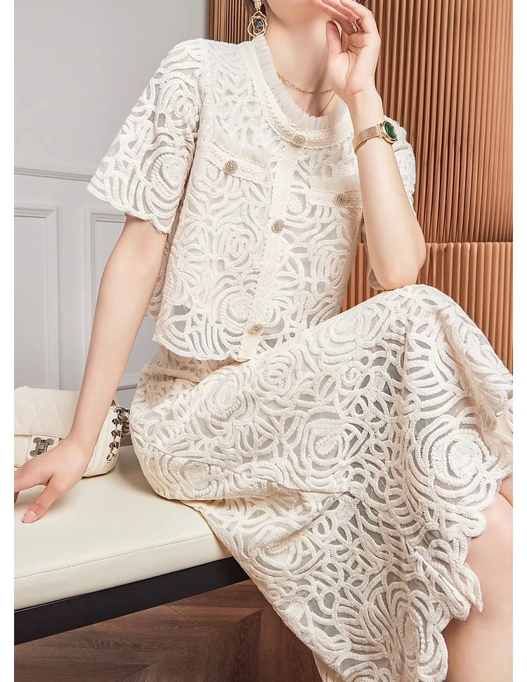 Apricot Lace Two Piece Sets Women Elegant Short Sleeve Floral Embroidery 2 Piece Sets Lady Runway Design Chic Skirt Sets Summer