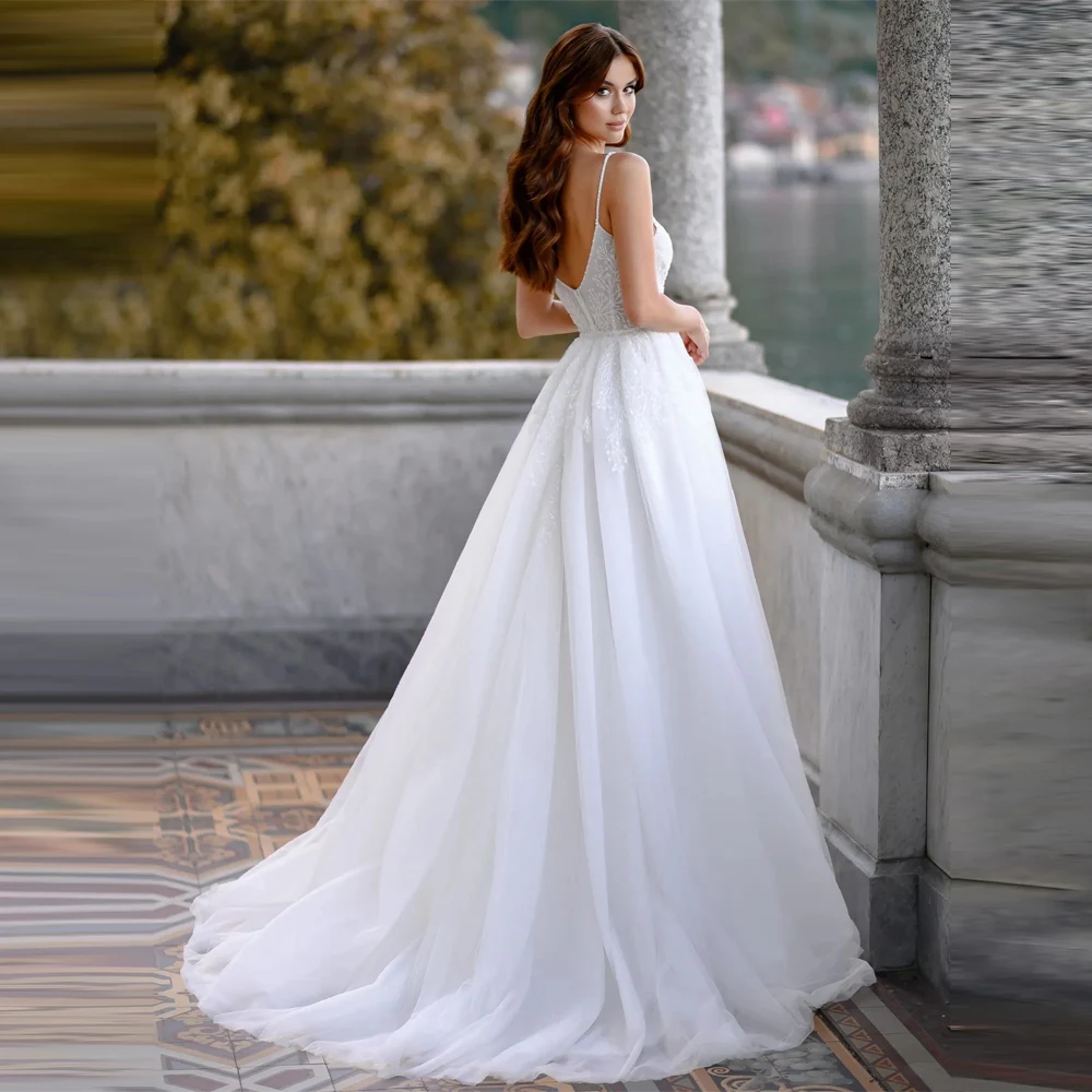 Glitter Tüll A-Line Frauen Brautkleider Schatz Kragen Brautkleider Spitze Druck Backless Vestidos De Novias Angepasst