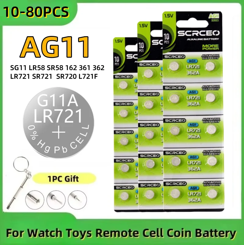 

10-80PCS 1.55V AG11 18mAh Button Battery SG11 LR58 SR58 162 361 362 LR721 SR721 SR720 L721F Cell Coin Watch Toys Remote Battery