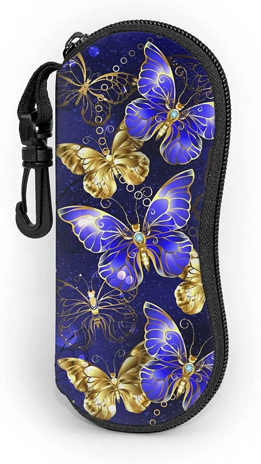 

Blue And Gold Butterfies Sunglasses Soft Case With Belt Clip, Ultra Light Zipper Portable Neoprene Eyeglasses Case