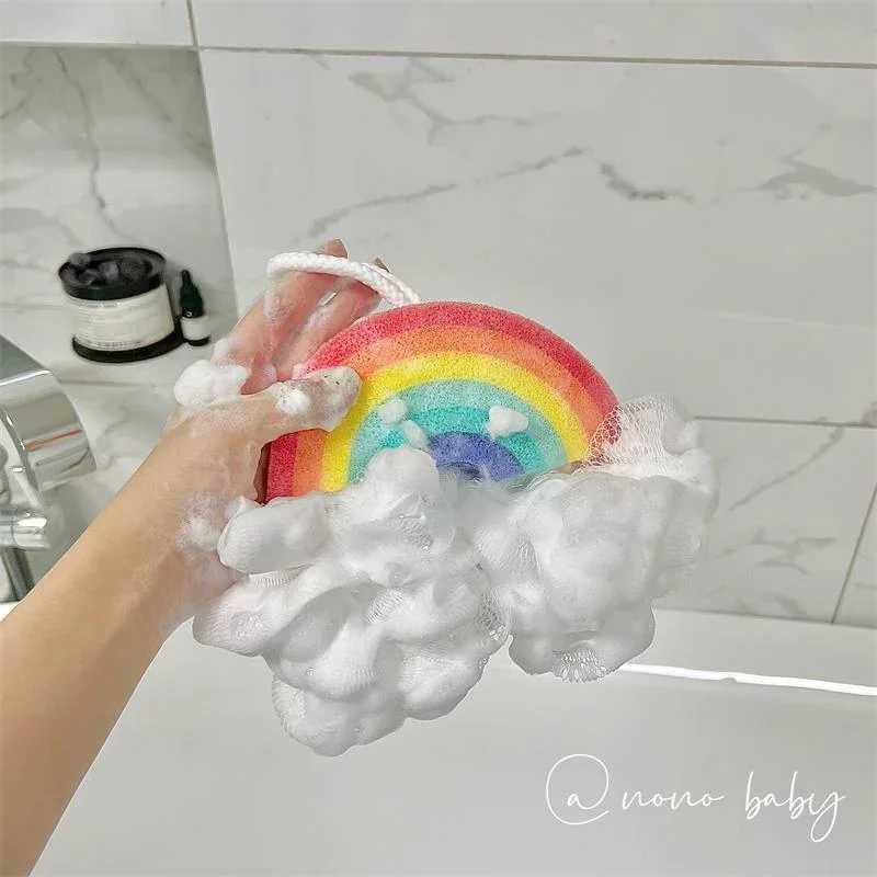 Kawaii Rainbow Bath Ball Soft Mesh Bubbler Sponge Baby Shower Wash Scrubber Cartoon Color Durable Body Massage Bathroom Brush