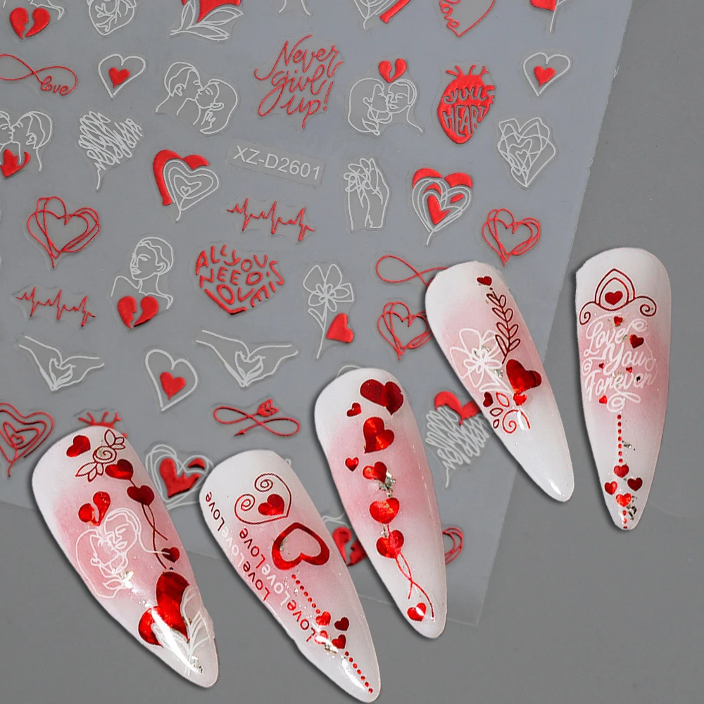 3D Valentines Day Red Heart Nails Art Stickers Angel /Red Lips /Rose Flower Nail Decals Self-Adhesive Nail Accessories XZ-D2608