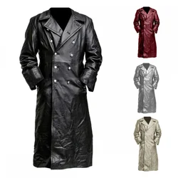 Winter Oversized Long Men's Leather Windbreaker Double Breasted Coat COS German Military Uniform Officer Medieval Coat