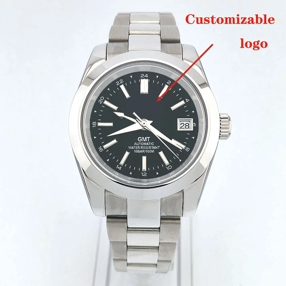39 มม.หรูหราผู้ชายนาฬิกา NH34 การเคลื่อนไหว GMT อัตโนมัตินาฬิกา Sapphire Glass ปรับแต่งโลโก้ธุรกิจนาฬิกาผู้ชาย