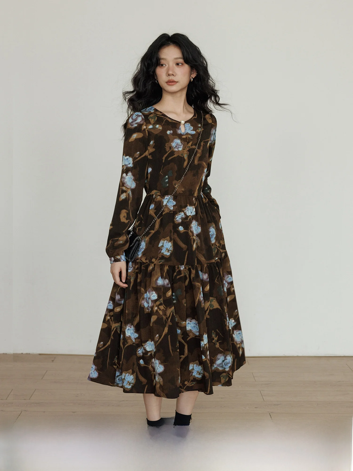 

Женское платье А-силуэта с круглым вырезом и длинными рукавами, винтажный дизайн, новинка весенней коллекции, для повседневной носки, из полиэфирного волокна