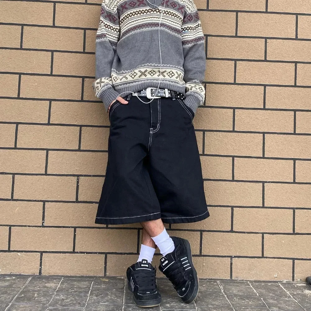 Jnco 남녀공용 트렌디 하이 스트리트 자수 데민 청바지, 힙합 팝 루즈핏 와이드 팬츠, 커플 미들 라이즈 청바지, 7 링