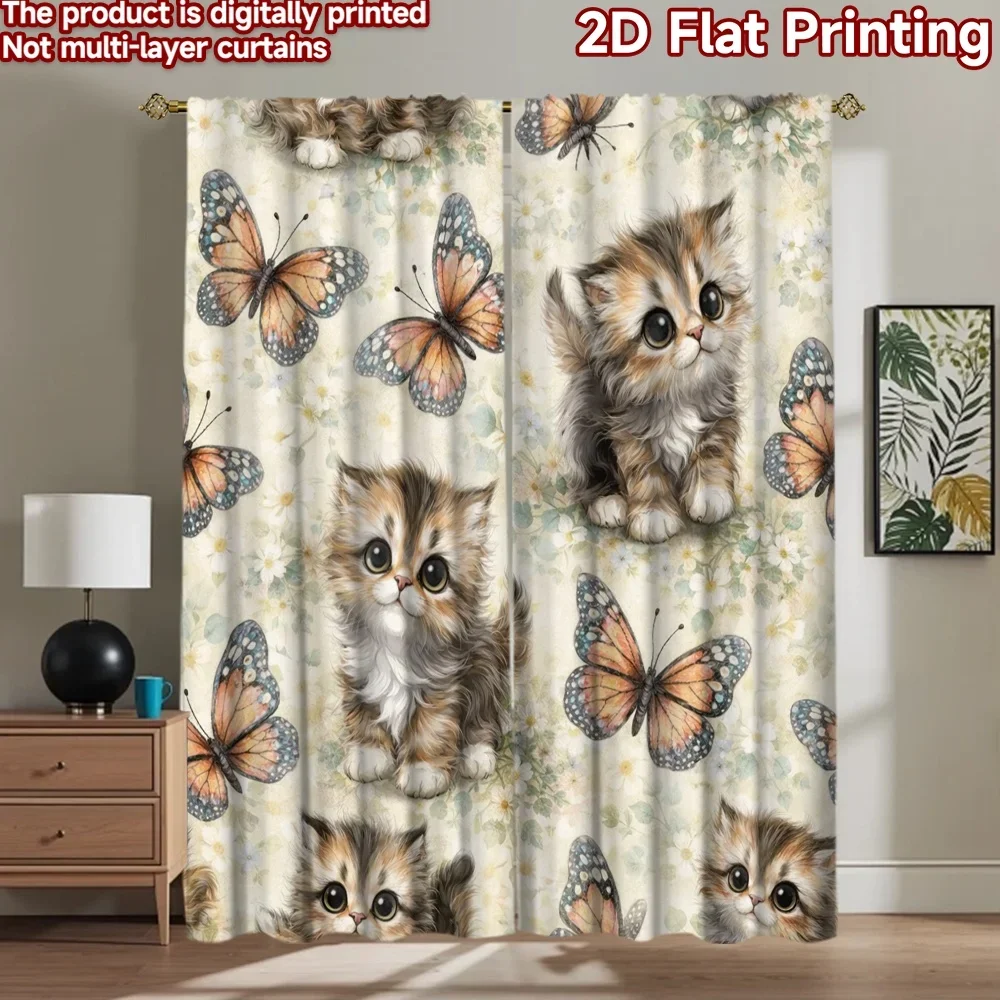 Sweet Kitten Butterfly Print Curtains 2pcs Nursery Kids Room Window Treatment Decor Accent Summer Floral