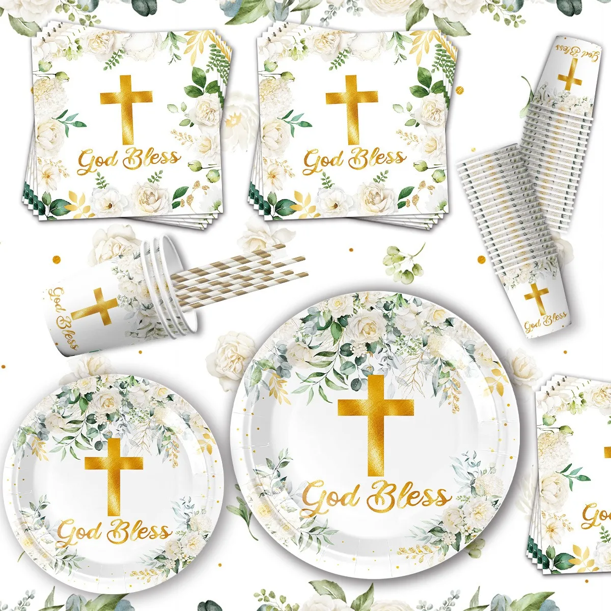 10Guests Eucharist Baptism Flower Cross Disposable Tableware God Bless Plates Napkin Jungle Baby Christening & Baptism Favor