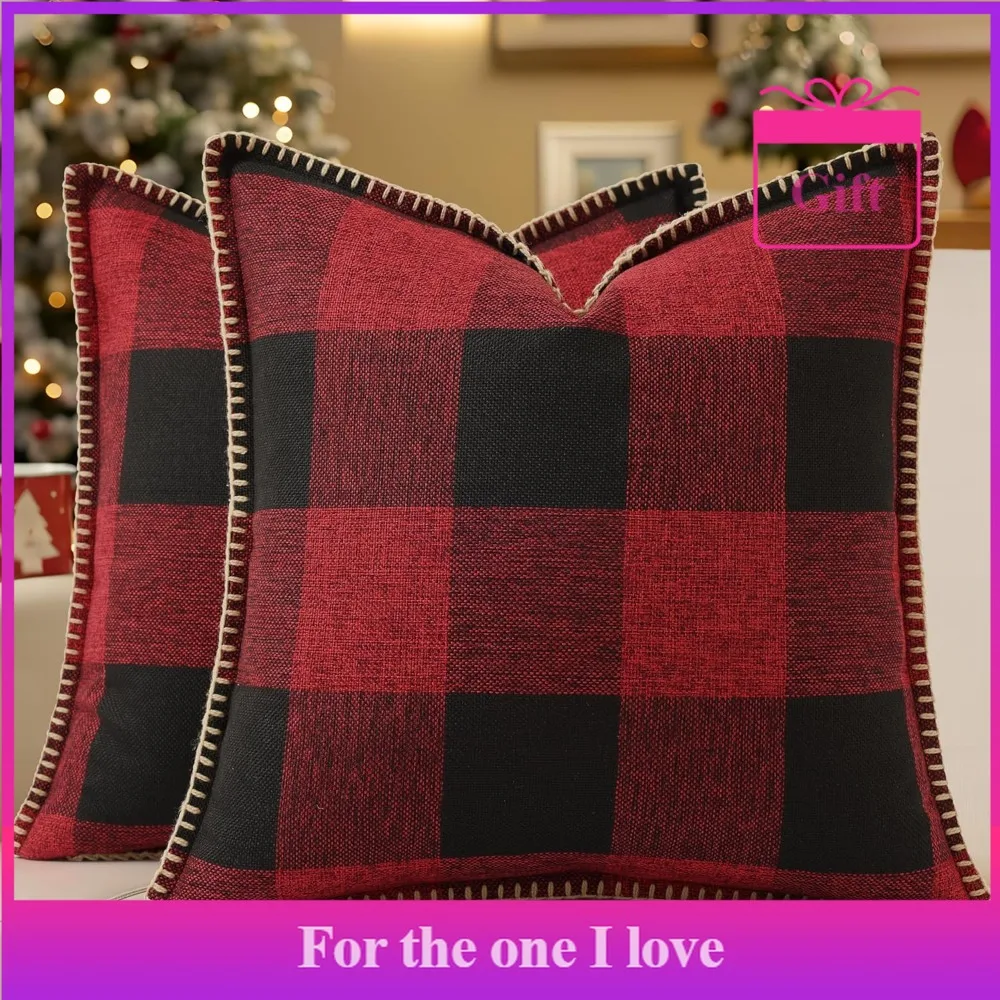 

Christmas Pillowcase Set, 18x18 inches, 2-Piece Set, Farmhouse Check Linen Decorated Pillowcase