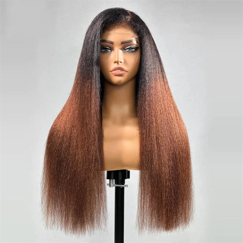 

Side Part Glueless 26" 180%Density Long Ombre Brown Yaki Kinky Straight Lace Front Wigs For Women BabyHair Heat Resistant Daily